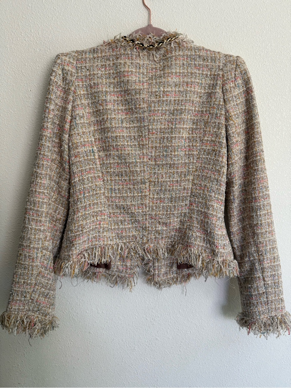 McGinn for Nordstrom Tweed Pearl Chain Fringe Jacket Blazer Size 8 Luxe Bouclé - Picture 4 of 12